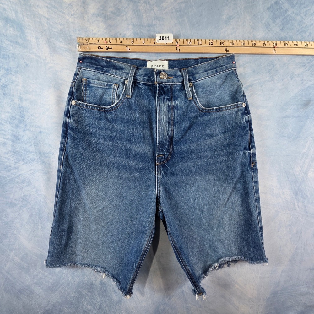 FRAME Le Grand Garcon High Rise Raw Hem Denim Shorts Blue Size‎ 27
